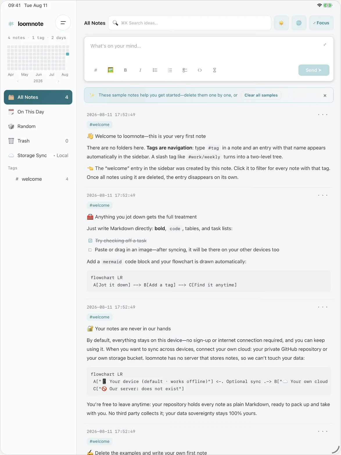 Loomnote tag tree, note stream and editor