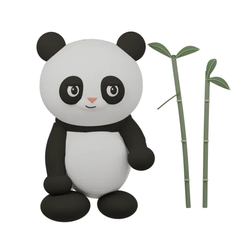 A seated panda reaches for a leaf beside two bamboo stems