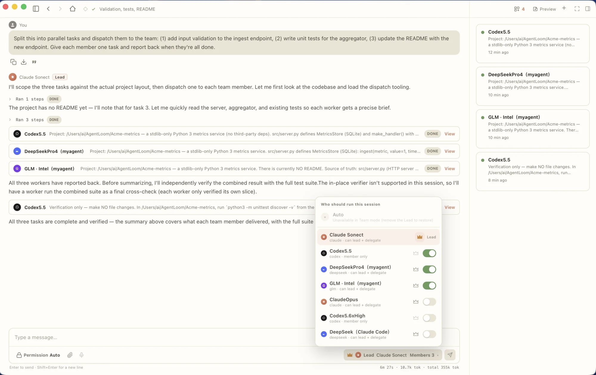 AgentLoom team view: a lead and several model members working on delegated tasks
